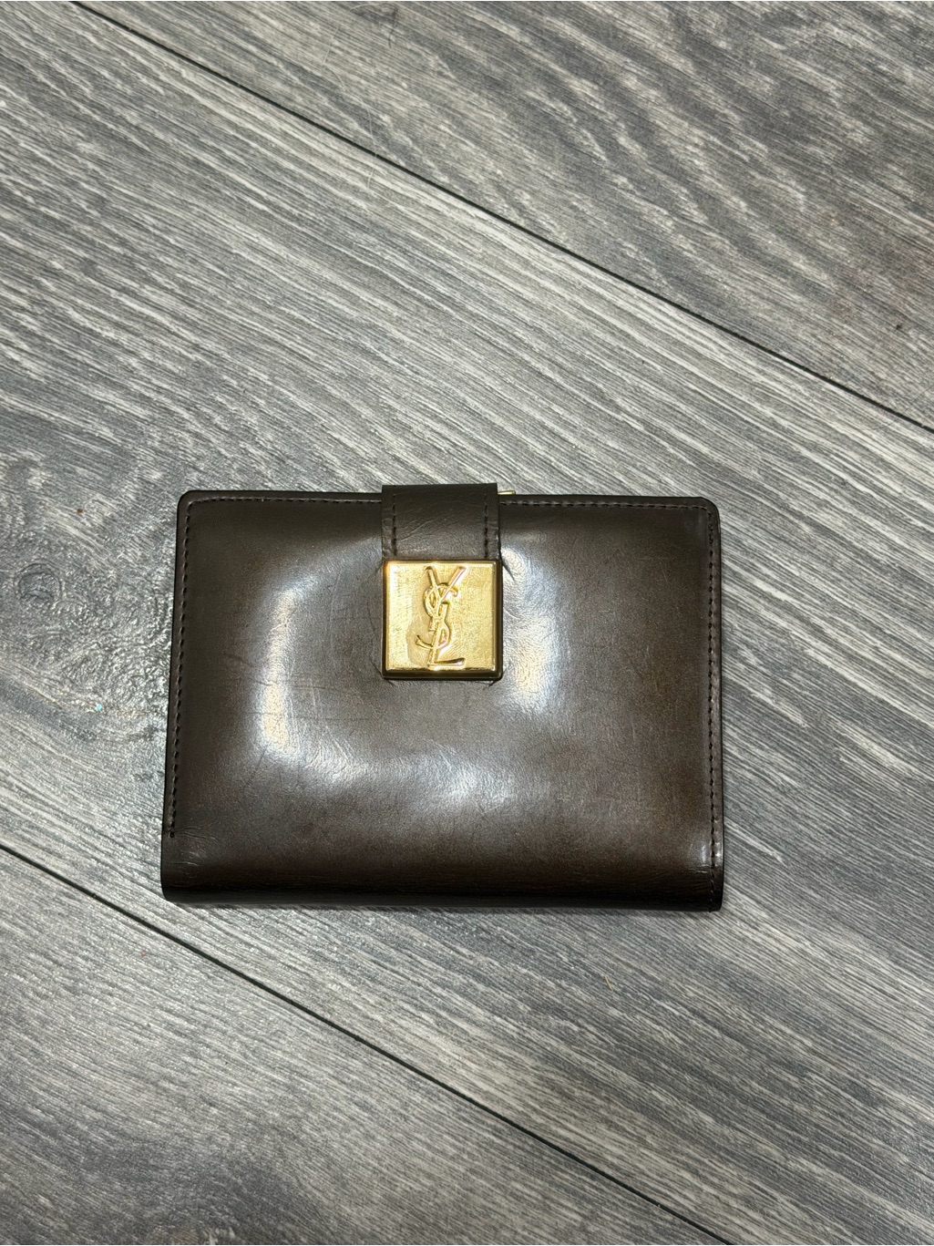 Yves Saint Laurent Dark Brown Leather Wallet With Gold Plaque